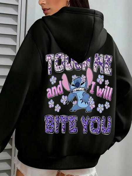 Disney Stitch Touch Me And I Will Bite You Hoodie Women's Black Pullover Sweatshirt With Purple Floral Design Cartoon Character Print Casual Streetwear Coat