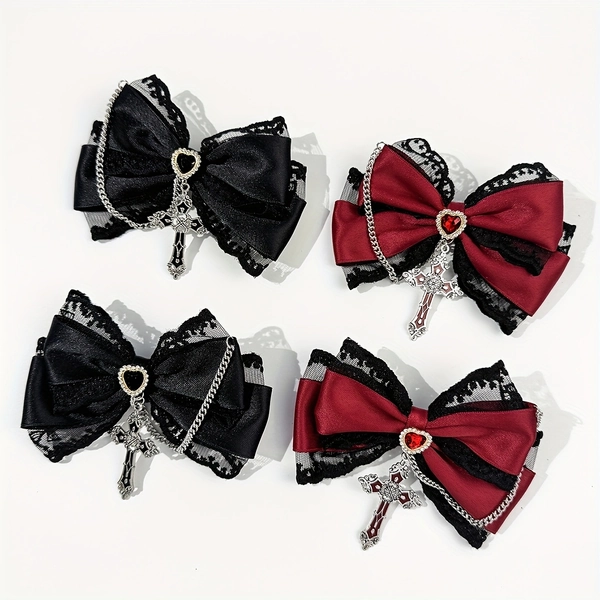 Two-Piece Set Women's Dark Lolita Gothic Style Cross Bow Hair Clip