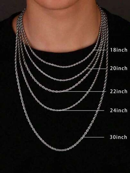 4mm/3mm Stainless Steel Twist Chain Necklace 1 Piece, Unisex, Silver Chain, 18/20/22/24 Inches, Holiday, Birthday Gift