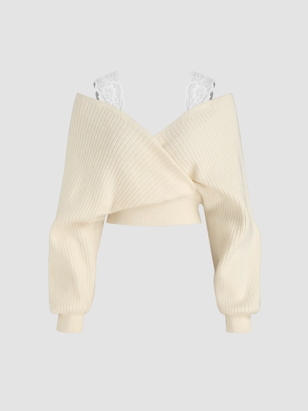 Crop Tops en maille enveloppant, dentelle, couleur unie, col V