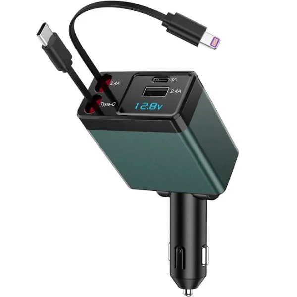 NEXPOW - Retractable Car Charger Adapter, 150W Fast Charger for Car, 4 in 1 Car Phone Charger with Cables(2.6ft), 180° Adjustable