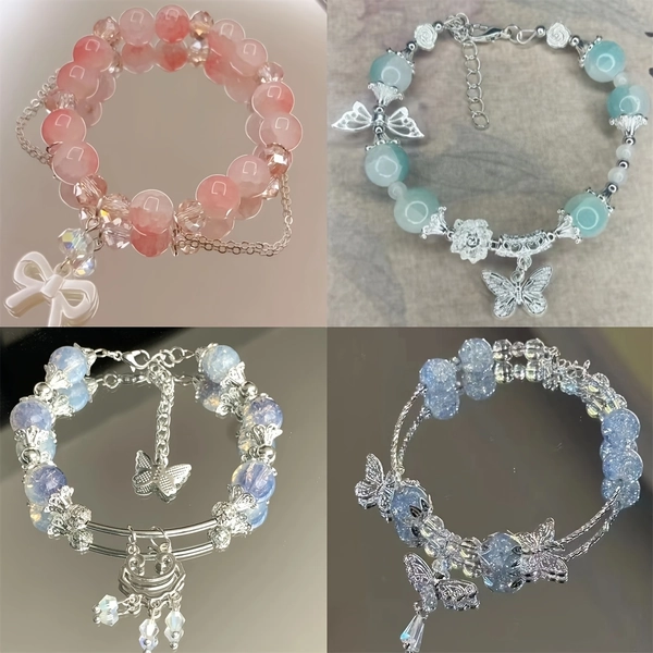 4 piezas de elegantes pulseras de cuentas de mariposas de verano - Bonitos detalles de arco de vidrio y flores, cuentas azules claras y rosas, ideales para usar diariamente o regalar, perfectas para el Día de San Valentín, pulseras lindas.