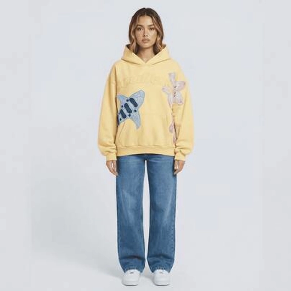 Women Y2K Pullover Hoodie Oversized Yellow Sweatshirt 3D Floral Shark Applique Letter Embroidery Patchwork Casual  Streetwear Fall Outerwear - Size XL