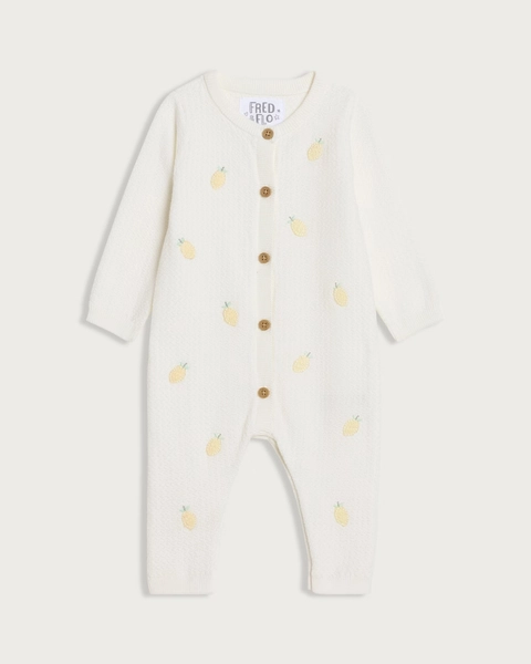 F&F Baby Pure Cotton Knitted Lemon Embroidered Romper in White
