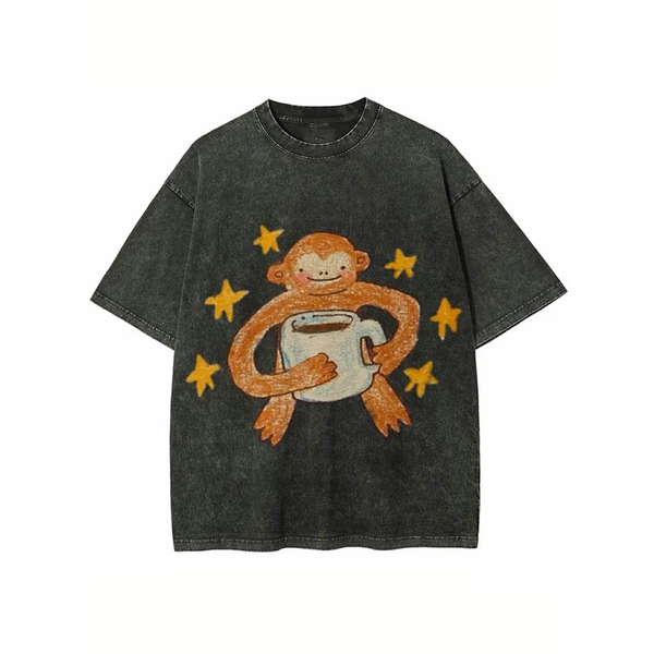Men' & Women' Vintage Batik T-Shirt - Monkey Drinking Coffee Print Round Neck Casual Tee, Suitable for Daily Wear, Machine Washable Gift, Unisex Washed Shirt for Coffee Lovers & Holiday Presents