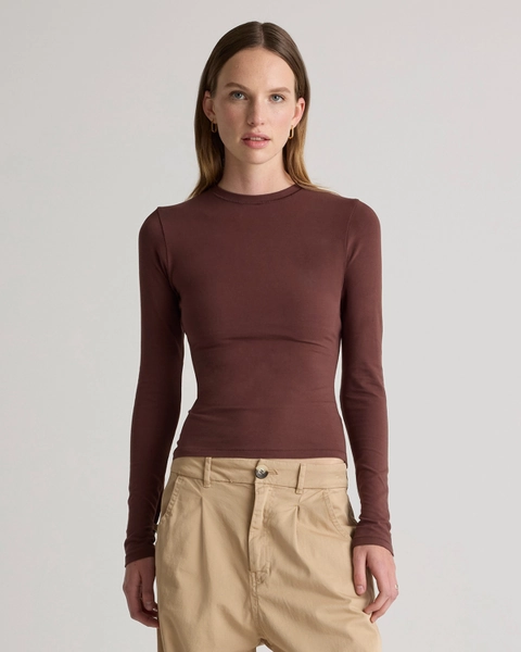 Stretch Cotton Jersey Fitted Long Sleeve T-Shirt in Soft White