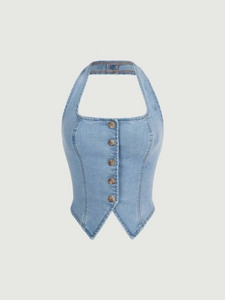 SHEIN MOD Button Front Halter Neck Denim Top