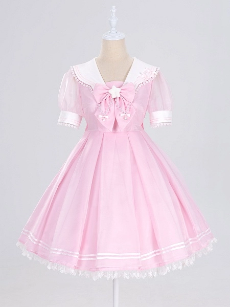 [£60.86]Star Lace Trimmed Sailor Collar Short Sleeves Pink Lolita Dress with a Free Bowtie Magical Girl Dress