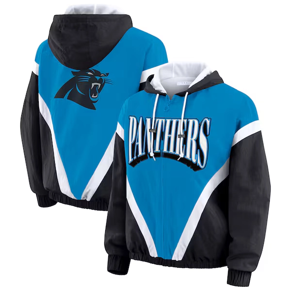 Women's Carolina Panthers WEAR by Erin Andrews Blue/Black Retro Crinkle Full-Zip Hoodie Windbreaker
