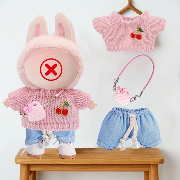 3pcs Labubu Doll Clothes Set with Pink Sweater, Blue Pants & Heart Bow & Cherry Accessory - 17cm Mini Outfit with Detachable Ruffled Collar, Elastic Waist & Heart-Shaped Keychain & Shoulder Bag - Soft Pastel Colors for DIY Play & Display, Collectible Doll Clothes for Girls & Boys, Ideal Gift (No Doll or Shoes Included) - Perfect for Labubu Dolls & Fashion Dolls, Fashion Doll Clothes, Clothes For Labubu Doll, Doll Accessories, Clothes For Dolls, American Doll Clothes