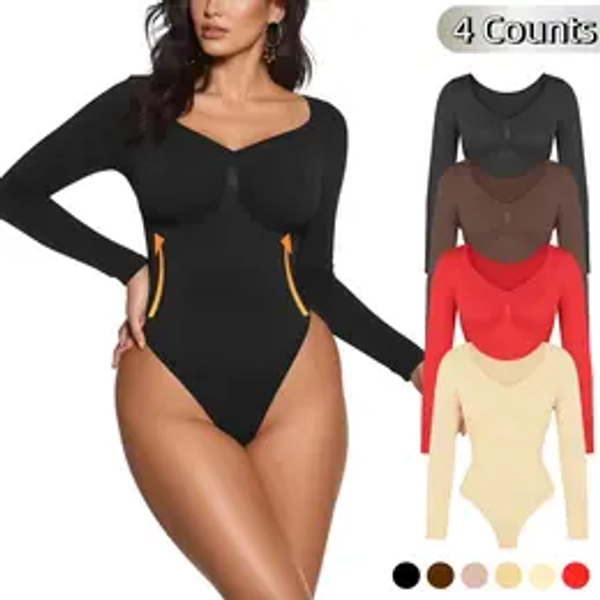Women’s Seamless Shaping Bodysuit —Long Sleeve V Neck Slim Fit Shapewear, Lightweight Sculpting Body Top, Perfect for Layering & Everyday Wear comfortable shapewear shapewear underwear