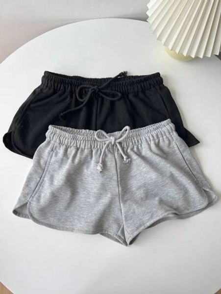 SHEIN EZwear 2pcs Women Casual Drawstring Elastic Waist Super Low Rise Shorts Set, Suitable For Spring/Summer Women's Sportswear
