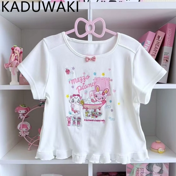 Japanese New Summer Fashion Casual Tee O-neck Short Sleeve Cartoon Crop Top Sweet Kawaii Embroidery Aesthetic Y2k Tshirts - AliExpress 200000345
