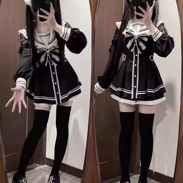 Jirai Kei Sailor Black Dress Lace Patchwork Slim Fit Dresses Japanese Sweet Inner Shorts Set JK School Uniform for Women Girls - AliExpress 200000532