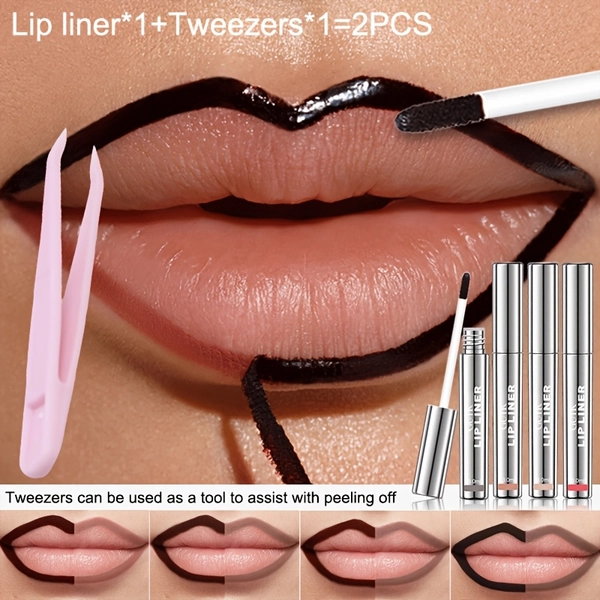 [2PCS Lip Liner+Tweezers] 2PCS] [Lip Liner+Tweezers]Peel-Off Matte Lip Liner, Long-Lasting Waterproof Smudge-Proof Transfer-Resistant, Non-Stick Cup & Non-Fading, Hydrating Nourishing High Pigmentation, Easy Application & No Residue Removal