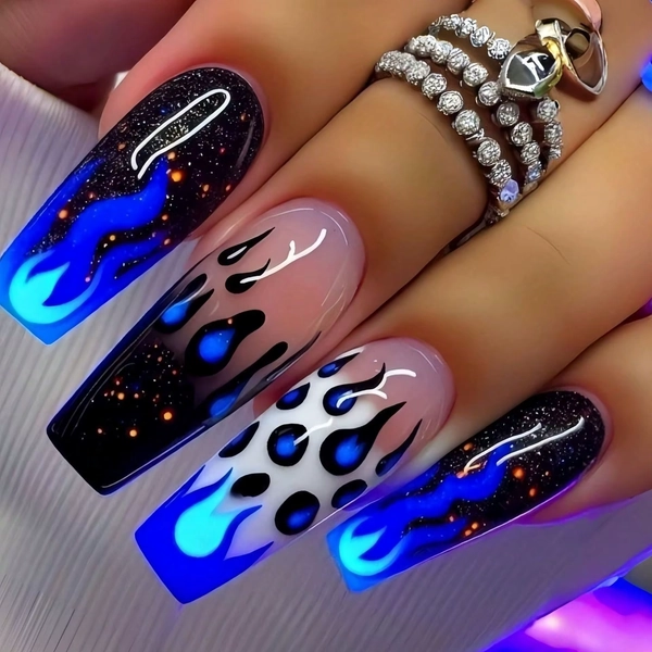 24PCS Y2K Blue Black Flame Press On Nails for Women Leopard Print Glitter Long Coffin Nails Punk Party Cosplay Manicure ﻿ - AliExpress 