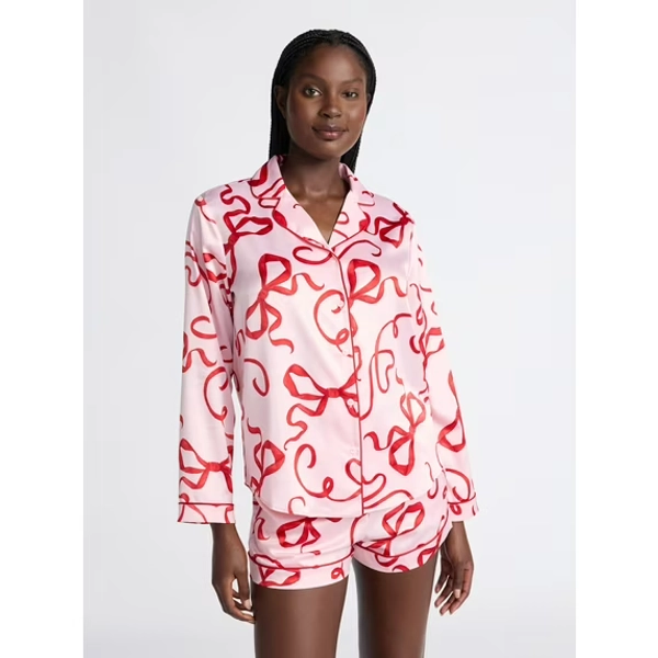 Joyspun Women’s Stretch Satin Notch Long Sleeve Top and Shorts Pajama Set, 2-Piece, Sizes XS-3X