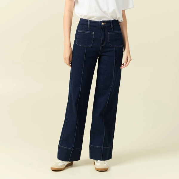 Jeans wide large taille haute denim brut rinse femme | Bonobo