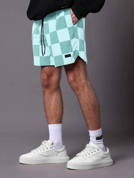 SUMWON Performance Checkerboard Nylon Athletic Shorts With Side Slits, Breathable Summer Training Workout Beach Shorts With Drawstring And Side Pockets