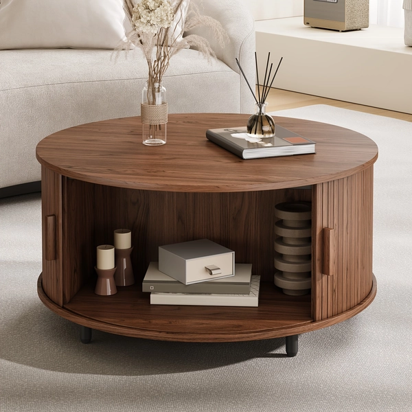 31.5 Inch Wooden Round Coffee Table with Storage Space, 360° Curved Sliding Door And Adjustable Footrest Sofa Decorative Center Table for Office, Living Room, Apartment And Small Space, Walnut