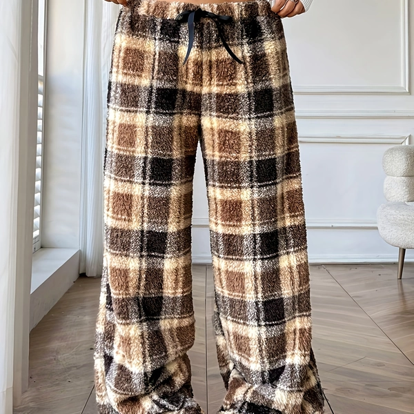 An Elegant Casual Plaid Coral Straight-Leg Pants, Perfect for Autumn and Winter