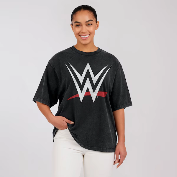 Women's WEAR by Erin Andrews Black WWE Logo Boyfriend T-Shirt