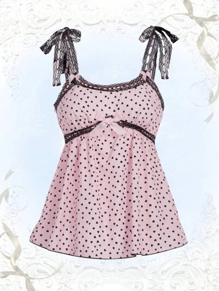 ROMWE Kawaii Heart Print Tie Strap Babydoll Cami Top, School