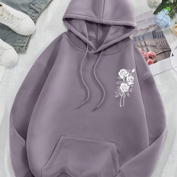 Elegant Special Autumn/Winter Hoodie with Floral Print, Polyester Knit Fabric, Warm Lined Hoodie with Drawstring, Hooded Neck Sweatshirt