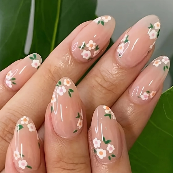 [Glossy Press On Nails] 24pcs Medium Almond Press On Nails | Pink Floral Glossy Full Cover Fake Nails for Women, Soft Pink & White Flower Designs, Daily Summer Nail Art, Nails Accessories, At Home Manicure, Durable Press Ons, Press On Manicure, Fashion Lovers