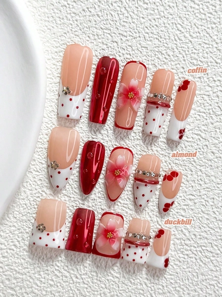 10Pcs Metallic Style Handmade Press On Nail,Polygel Nail Set,Water Droplets, Flowers, Red, White And Pink Nail Polish,Gentle And Refined Style,Includes Nail Tools,3 Sizes Available,Almond Nails , Duck Nails,Coffin Nails For Party, Dance, Daily Wear.