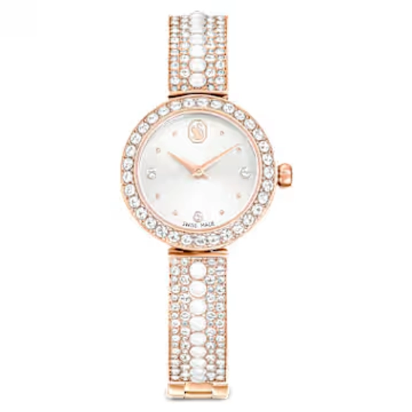 Matrix pearl bangle watch, Swiss Made, Crystal bracelet, White, Rose gold-tone finish