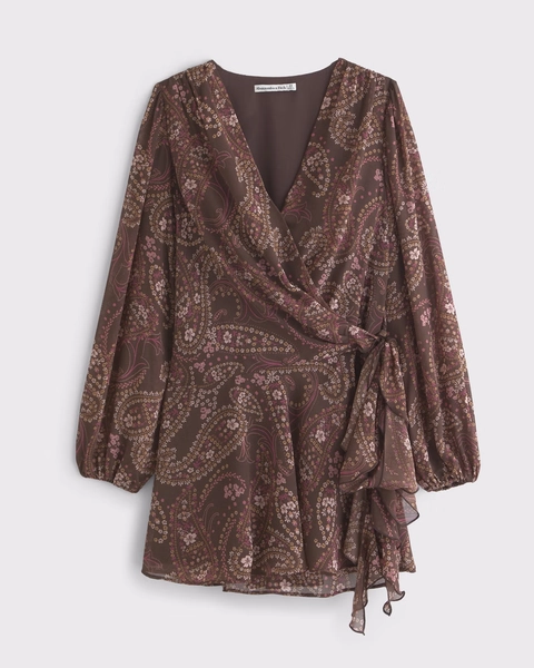 Long-Sleeve Plunge Wrap Mini Dress