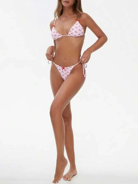 Women Bikini Set, Cherry Flower Print Tie-Up Sleeveless Bra With Low Waist Briefs Bathing Suit 2-Piece Swimsuit