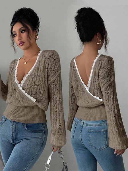 Elenzga Hollow Lace V-Neck Backless Mohair Sweater For Women, Elegant Wool Knitted Pullover With Reversible Design