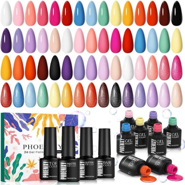 24Pcs Gel Nail Polish Set, 20 Colors Romantic Gel Polish with Base & Glossy, Matte, Glitter Top Coat Soak off Nail Polish Kit Gifts for Girl