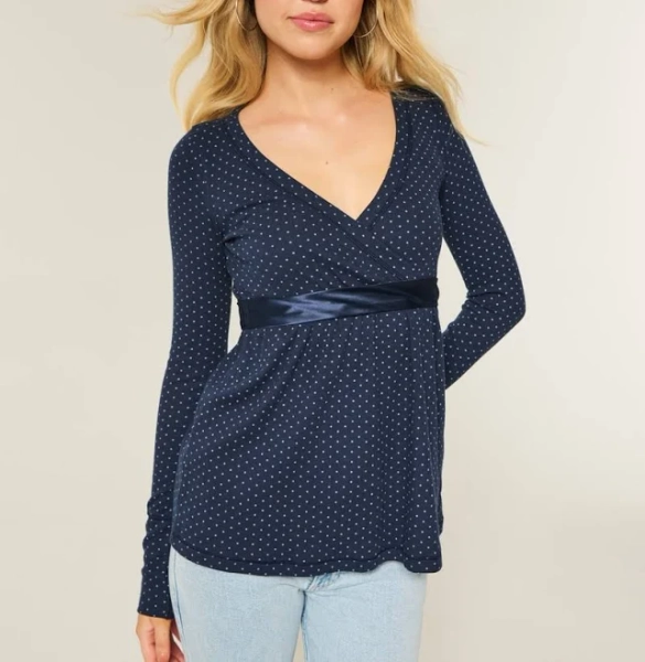 Hollister Women's Easy Long-Sleeve Wrap-Front Babydoll Top