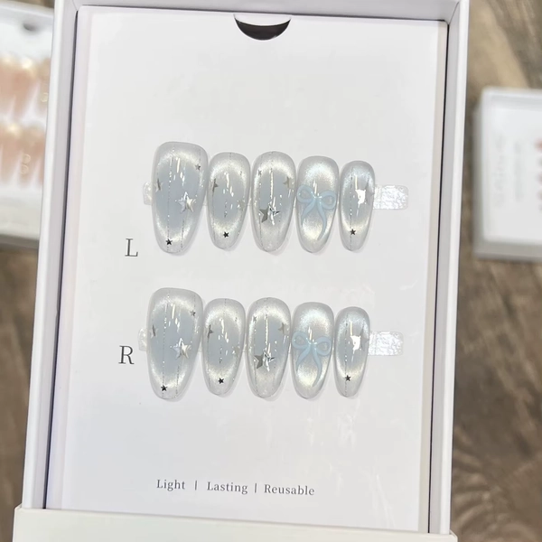 10pc Cat Eye Almond Handmade Press on Nails Light Blue Bow Fake Nails False Nails Artificial Nail Wearable Nail Tips Art Uñas
