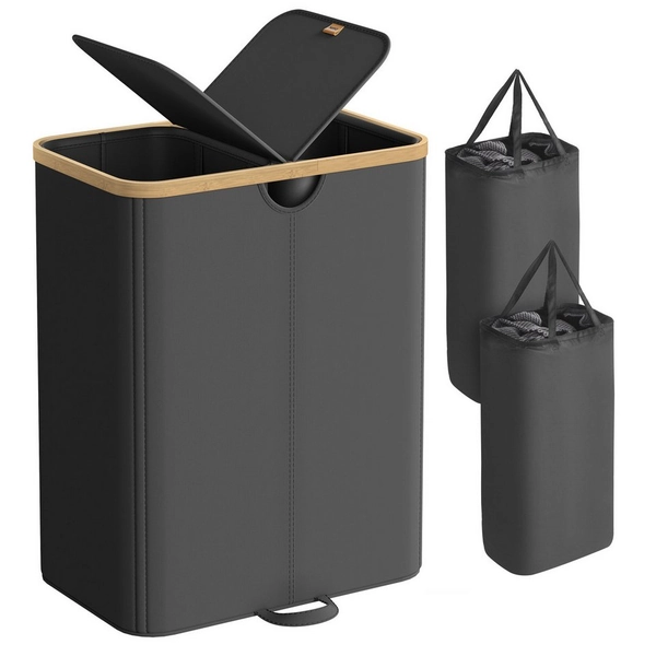 SONGMICS Wäschekorb, 2 Fächer,150 Liter,Deckel,herausnehmbarer Wäschesack,schwarz-beige