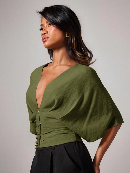 COSMINA Women's Elegant Batwing Sleeve Ruched Metal Button V-Neck Blouse