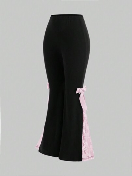 ROMWE Plus Size Himekaji Contrast Lace Bowknot Kawaii Pants, School