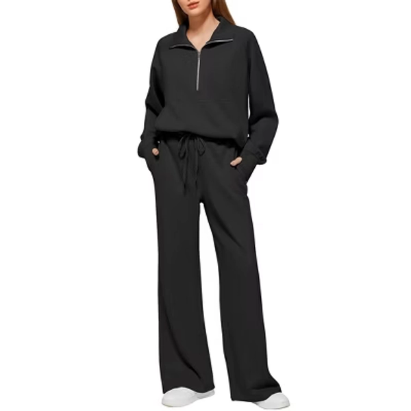 Coolmee Women 2 Piece Outfits Sweatsuit Long Sleeve Sweatshirt Wide Leg Sweatpants Tracksuit Sweat Lounge Matching Set XL Black