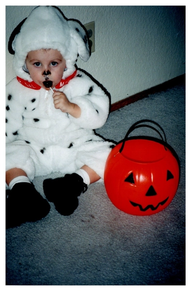 1980s-1990s Baby in Dalmatian Costume Halloween Pumpkin Bucket Lollipop VINTAGE 