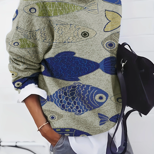 Plus Size - Plus Size - Women'S Stylish Casual Pullover, Featuring a 3D Printed Fish Design, Round Neck, Long Sleeves, Slightly Stretchy Fabric, Suitable for Spring And Autumn - Regular Fit