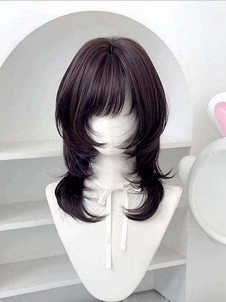 [$23.00]Black Tea 45CM Hime Cut Short Wavy Wig with Bangs