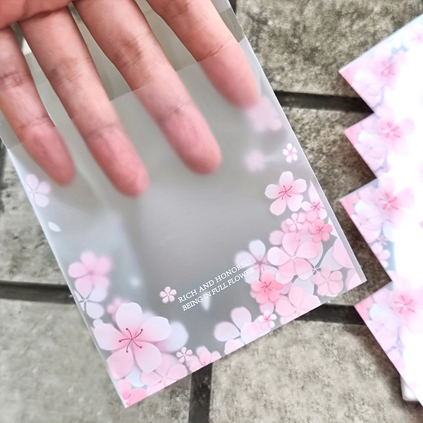 [Frosted Cherry Blossom] 50/100pcs Frosted Cherry Blossom Gift Bags | Pink Floral Self-Adhesive | Wedding, Birthday, Holiday (10*10+3Cm)