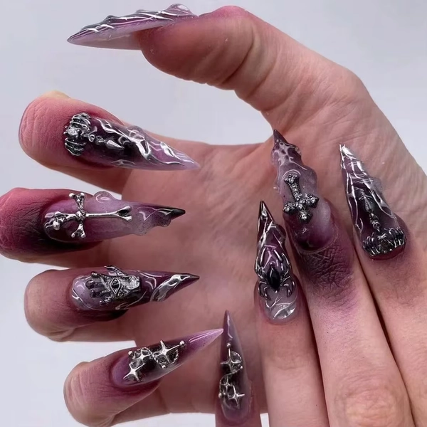 Halloween Cool Spice Style Spider Skull False Nails Purple Halo Dyeing Detachable Finished Fake Nails Press on Nail with Glue - AliExpress 