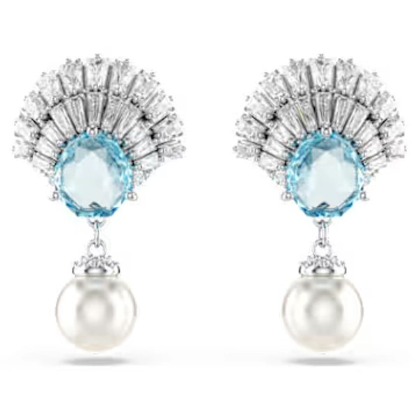 Pendants d'oreilles Idyllia, Perle de cristal, Coquillage, Bleues, Métal rhodié