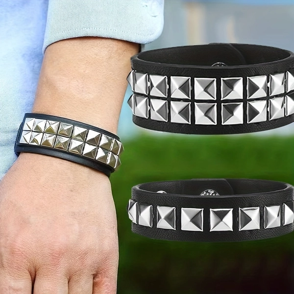 1pc - Punk-Style Studded Faux Leather Bracelet | Cool And Rebellious Style, Made of Faux Leather And Metal Studs - Suitable for Daily Outings, Music Festivals, Parties, And Various Occasions