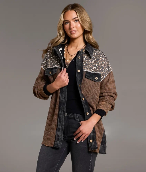 Medium Washed Black Cheetah Pieced Cheetah Frayed Shacket