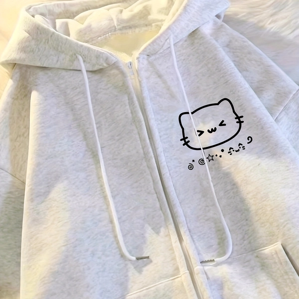 Women'S Y2K Zip-Up Hoodie Jacket - Light Grey Hooded Coat with Drawstring Hood, All-Season Casual Outerwear for Everyday & Formal Outfits, Machine Washable Women'S Outerwear, Versatile Layering, Playful Design, Durable Fabric, Stylish Coat, Women, Layering Piece, Trendy Outerwear, Comfortable Fabric, Drawstring Hooded Coat, Fashion Women